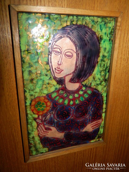Lőrincz Vitus - Lány virággal című tűzzománc kép