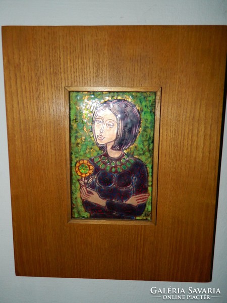 Lőrincz Vitus - Lány virággal című tűzzománc kép