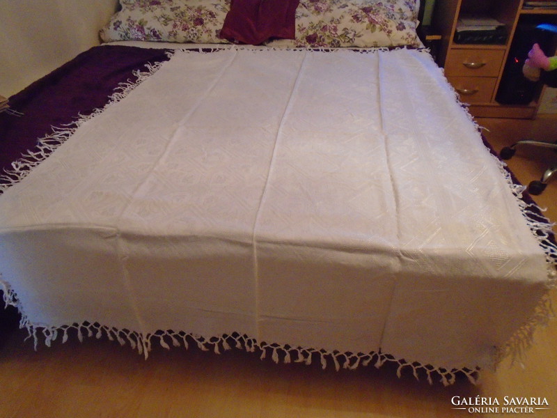 Beautiful antique large snow white noble silk damask tablecloth