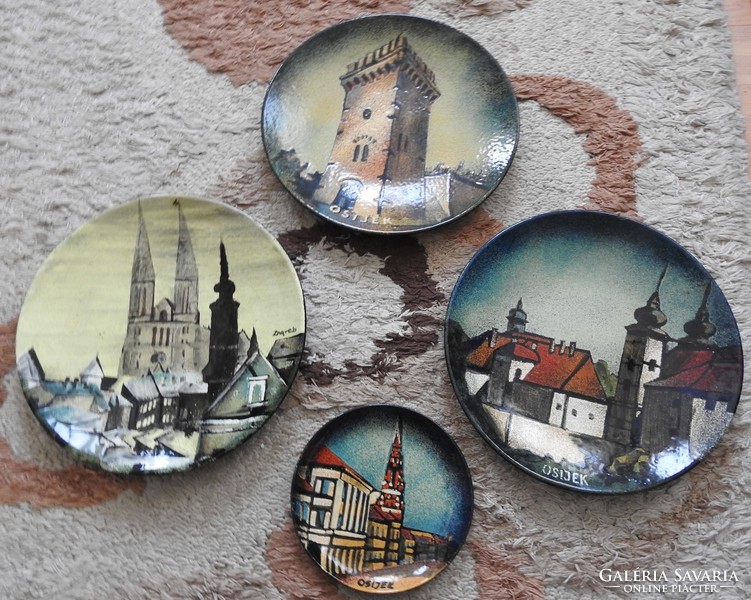 Set of fire enamel murals - art enamel paintings - wall bowls in one - cities