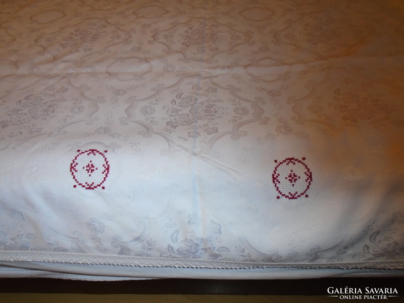 Beautiful old snow-white, large silk damask tablecloth needlework