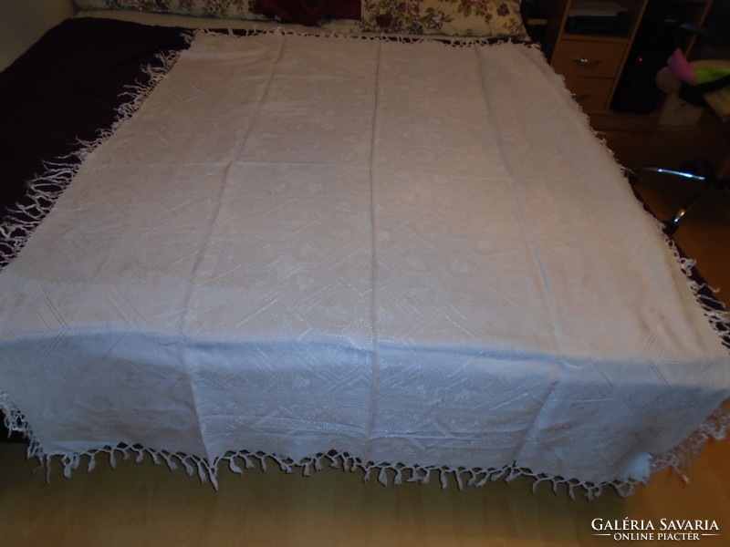 Beautiful antique large snow white noble silk damask tablecloth