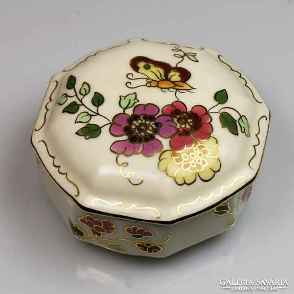 Zsolnay pillangós virágmintás sokszögletes bonbonier porcelán