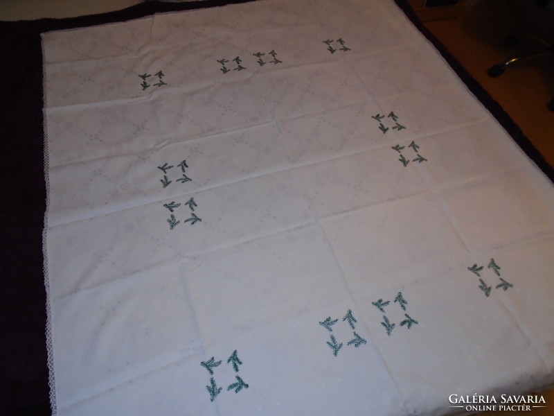 Beautiful old snow-white, festive Christmas silk damask tablecloth needlework