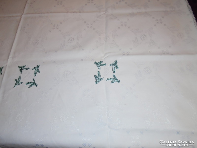 Beautiful old snow-white, festive Christmas silk damask tablecloth needlework