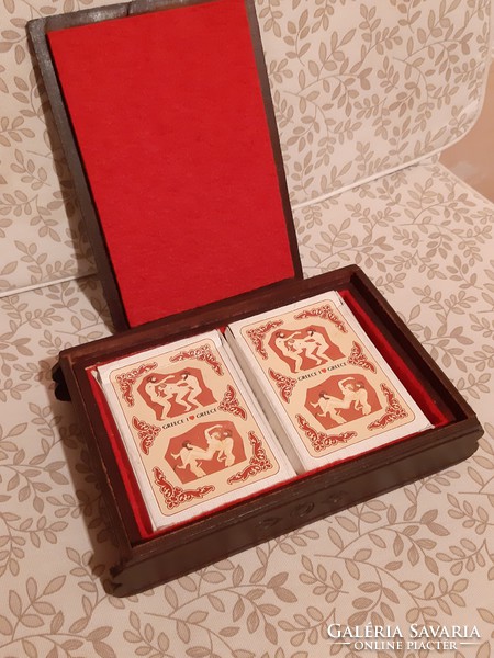 2 decks of retro French cards in a leather card box (with some Greek hedonism on the back ;-))