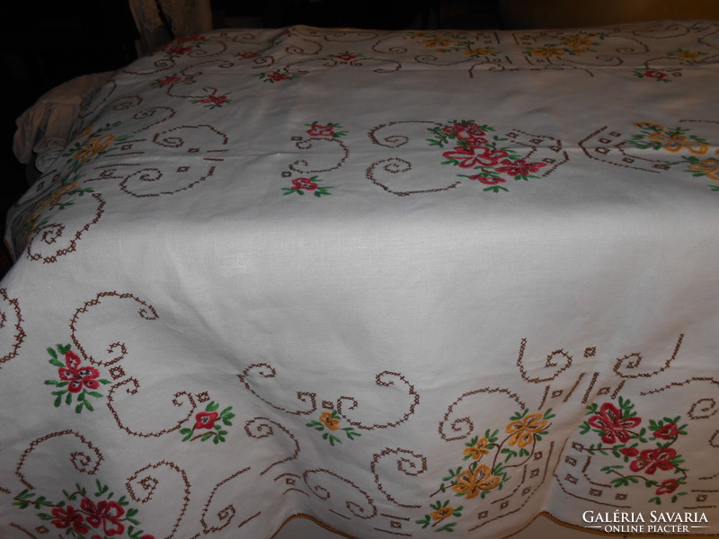 Antique hand embroidered linen tablecloth. II