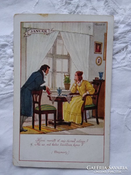 Old biczó andrás postcard / artist card monthly series, january with red marty quote 1940s