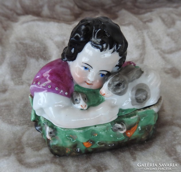 Antique 1800's cube holder with antique dices - a small child with a bunny figure