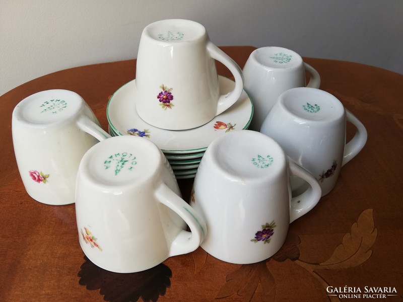 Bájos apró virágos régebbi Hollóházi porcelán kávés készlet 6 személyes