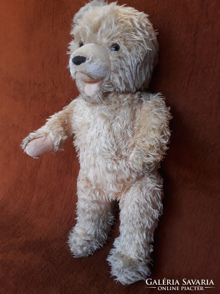 Old weeping straw teddy bear with one ear, 51 cm