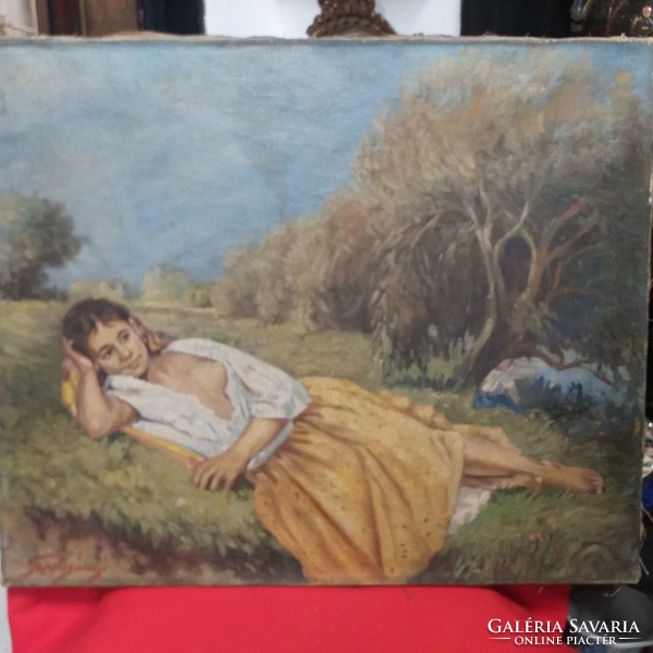 Resting peasant girl nude painting on oil canvas. Indicated.