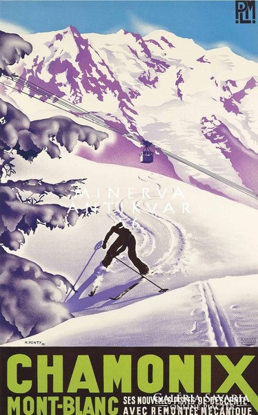 Vintage skiing poster France Chamonix Mont Blanc snowy landscape mountains pine skier 1935 reprint