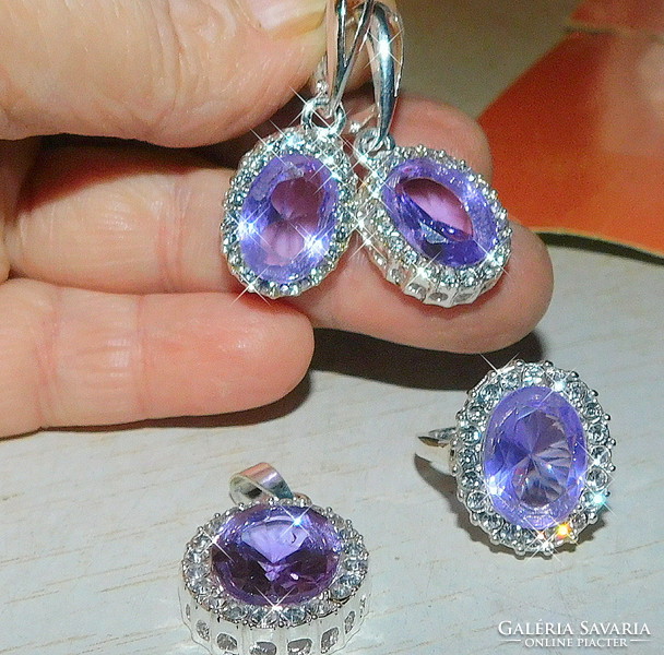 Amethyst luster crystal stone white gold filled earrings pendant ring set
