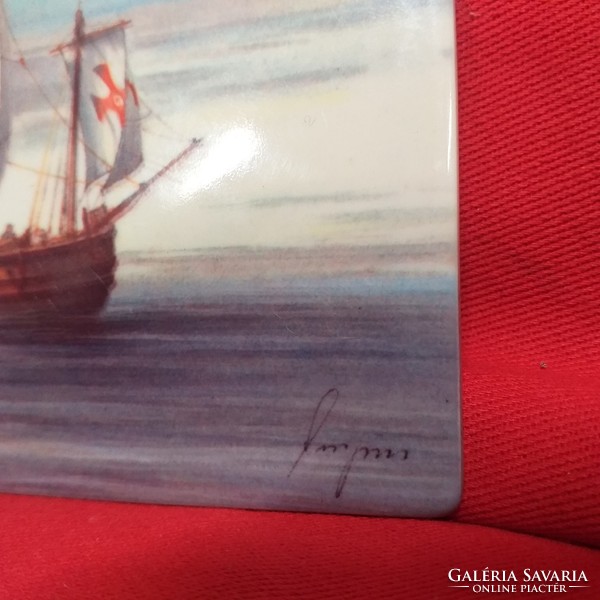 Columbus, Christopher Columbus' Santa Maria ship. Hand-painted porcelain picture. 15 Cm.