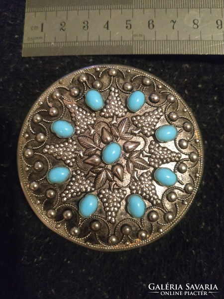 Old nickel-plated box, box, box with blue glass decoration, maybe turquoise ...