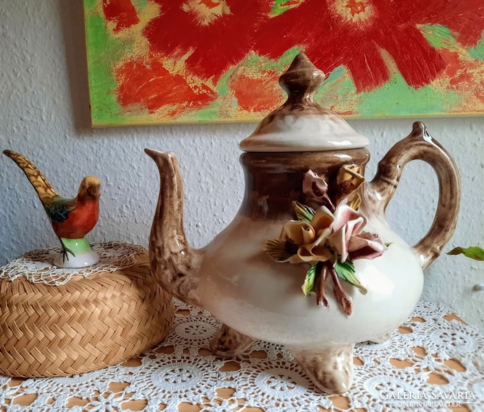 Royal cp italy porcelain faience tea jug with plastic flower decoration, second half