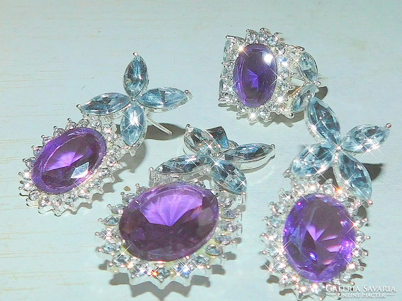 Art Nouveau amethyst shiny crystal stone white gold filled earrings pendant ring set
