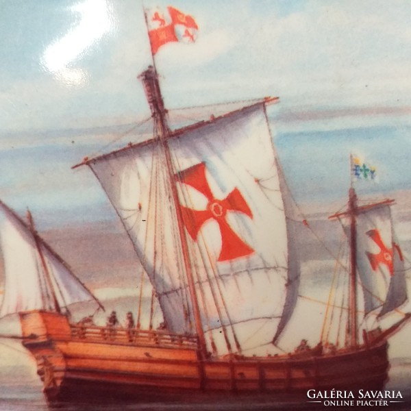 Columbus, Christopher Columbus' Santa Maria ship. Hand-painted porcelain picture. 15 Cm.