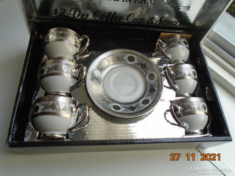 Hand-painted embossed platinum and silver arabesque and rosette patterns with novelty coffee set box