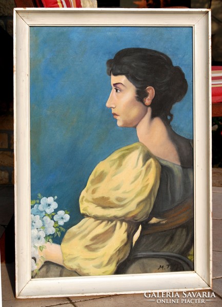 M.T.J .: Woman in yellow dress with flowers - oil painting, framed