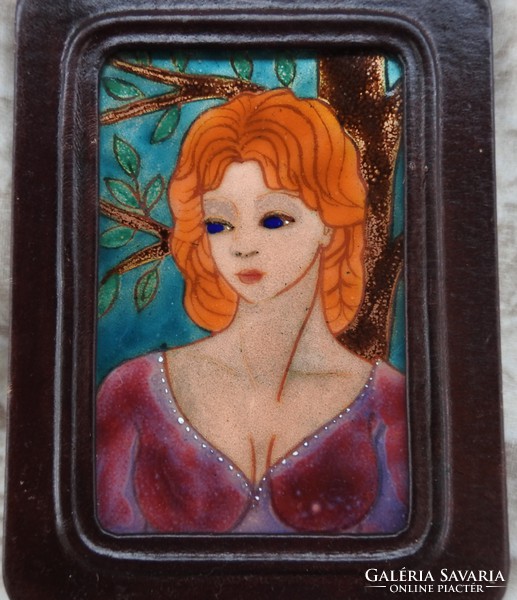 Stekly zsuzsa - little girl - fire enamel picture in leather frame