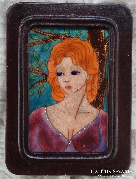 Stekly zsuzsa - little girl - fire enamel picture in leather frame