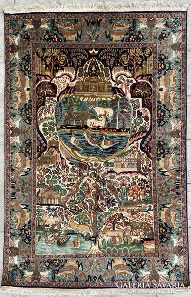 Édenkert - ÉLETFA mintázatú Tabriz selyem-gyapjú iráni kézi szőnyeg