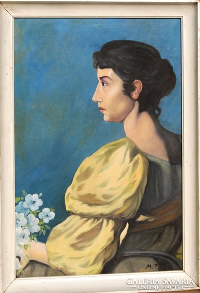 M.T.J .: Woman in yellow dress with flowers - oil painting, framed
