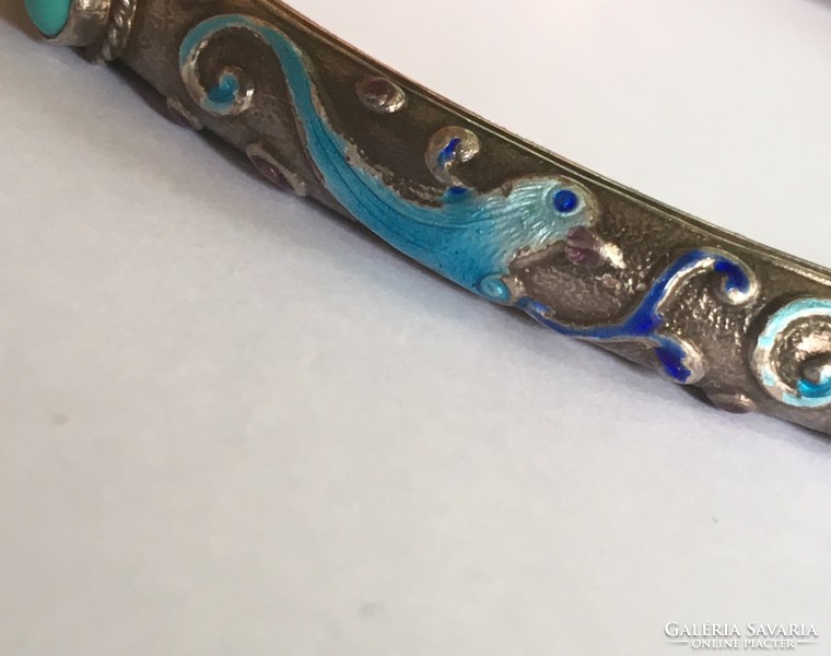Old silver cricket turquoise enamel bird