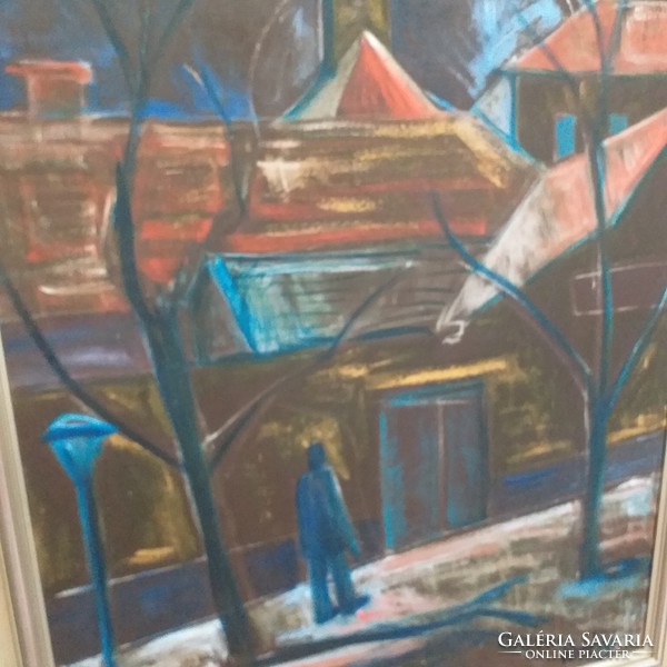 Attila Korényi is a contemporary. Street view of Szentendre. Oil on canvas painting