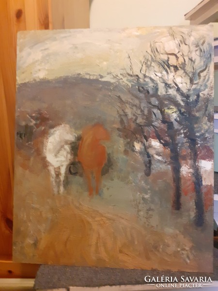 Jool Jolán ?: Two horses in the hills, oil-fiber