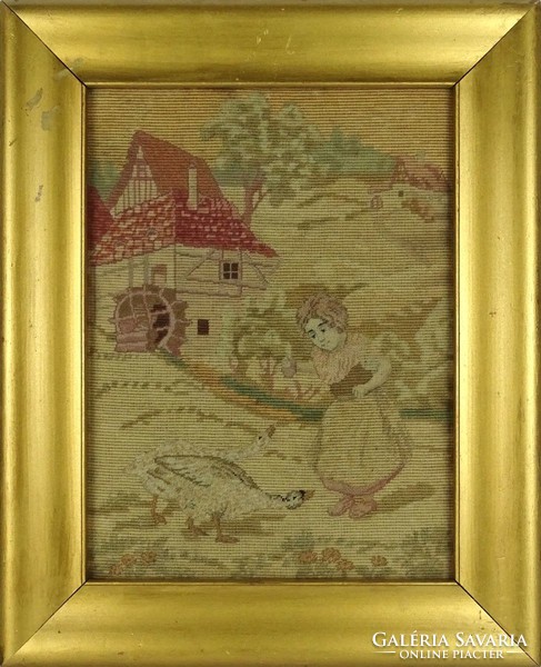 1G856 old watermill needle tapestry in gilded frame 51 x 41.5 Cm