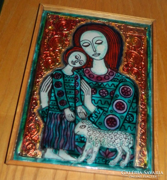 Lőrincz vitus - Jesus with the Virgin Mary and the Lamb in a fire enamel image