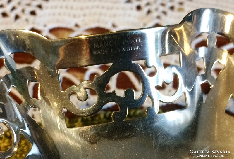 Luxurious, silver-plated, antique, pierced-edged bowl of delicacy or sugar cubes with sugar tongs