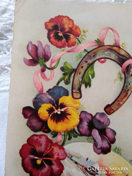 Antique litho / lithographic, French New Year postcard / greeting card, lucky horseshoe, pansy, winter landscape 1931