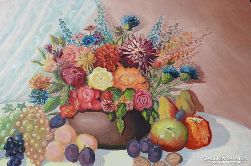 High quality - indicated - large oil / canvas flower still life