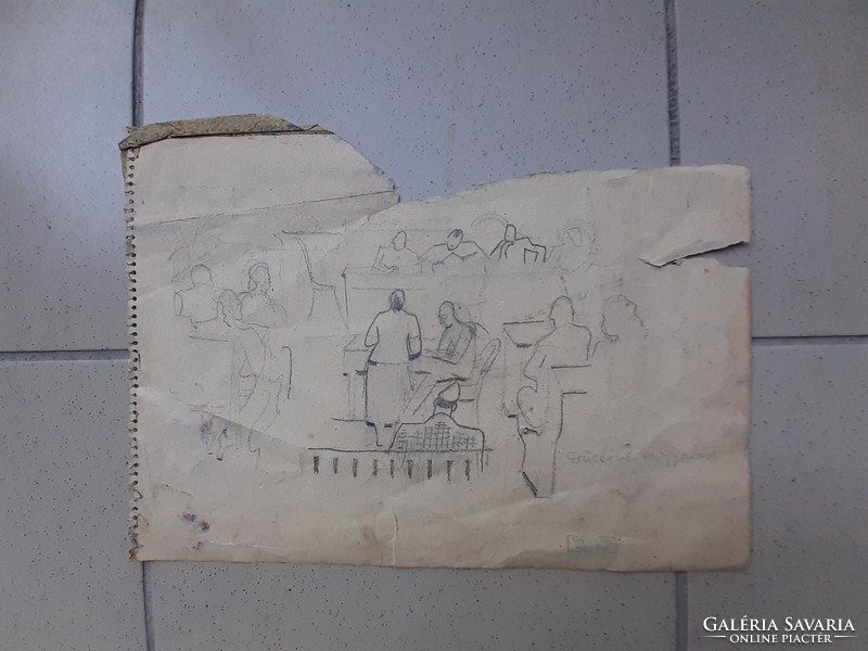 Gyenes Gitta: Dücsőné tárgyalása, eredeti, sérült ceruzarajz, hagyatéki bélyegzővel jelezve
