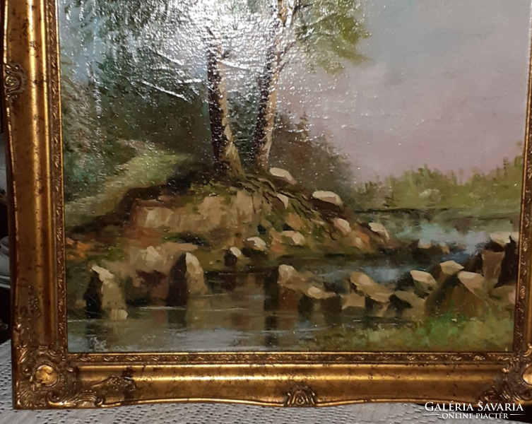 Antique landscape with a stream with a beautiful blonde 49x59