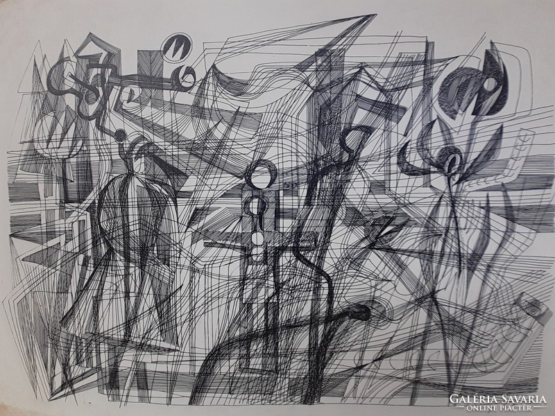 István Varga hajdú: people and flowers, original marked ink drawing