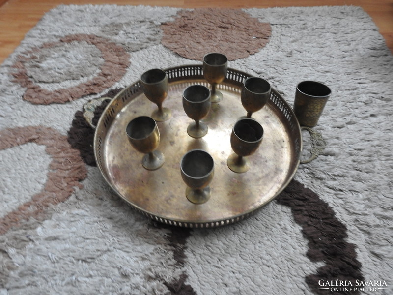 Art Nouveau copper tray with 7 foot cups and a toothpick holder