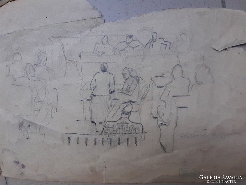 Gyenes Gitta: Dücsőné tárgyalása, eredeti, sérült ceruzarajz, hagyatéki bélyegzővel jelezve