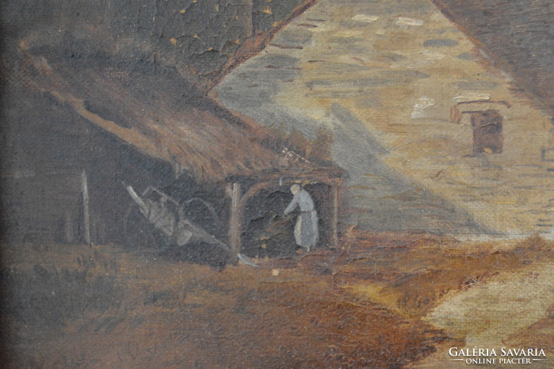 Antik Jelzett Olajfestmény Vásznon 1881 Vidéki Jelenet, Életkép