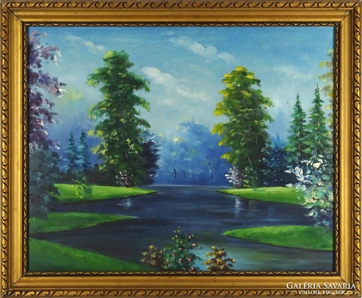 1G893 xx. Century painter: waterfront landscape in spring