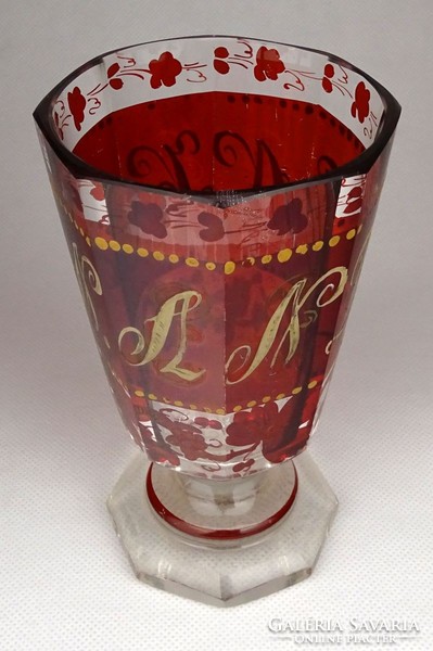1G876 XIX. századi bíborpácolt Biedermeier talpas fújt üveg kúrapohár 13.5 cm