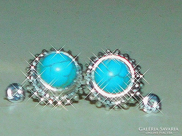 Turquoise mineral stony Tibetan silver earrings