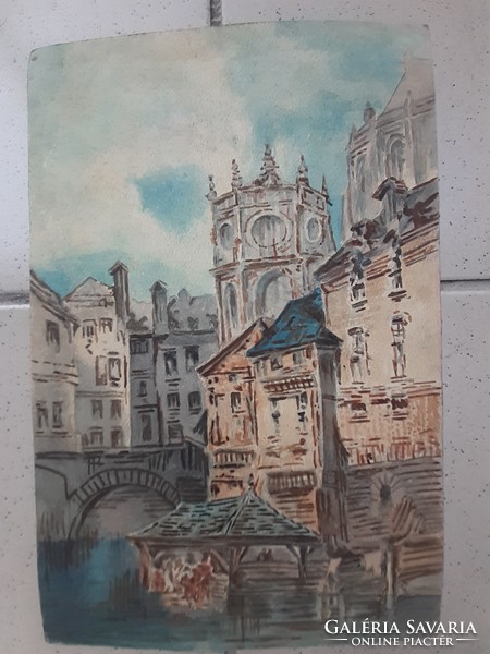 Városkép híddal - régi kis akvarell jelzés nélkül