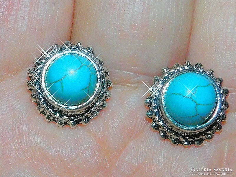 Turquoise mineral stony Tibetan silver earrings