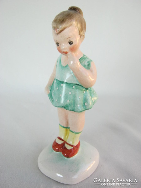 Retro ... Applied art ceramic figure nipp little girl in green dress with braids
