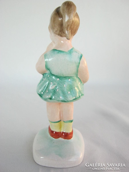 Retro ... iparművészeti kerámia figura nipp zöld ruhás copfos kislány